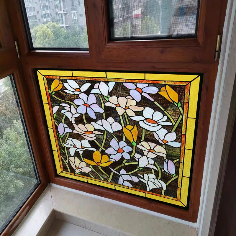 Window Film Frosted Stained Glass Films,Customized Art Deco Design Flowers Static Cling Sticker,Home Decor Foil Window Treatment