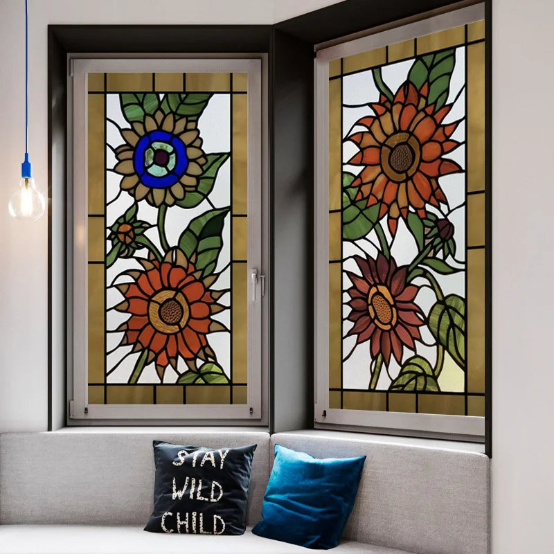 Window Film Stained Glass Films Frosted Static Cling Light-transparent Privacy Glass Sticker Home Decor  Sunflower