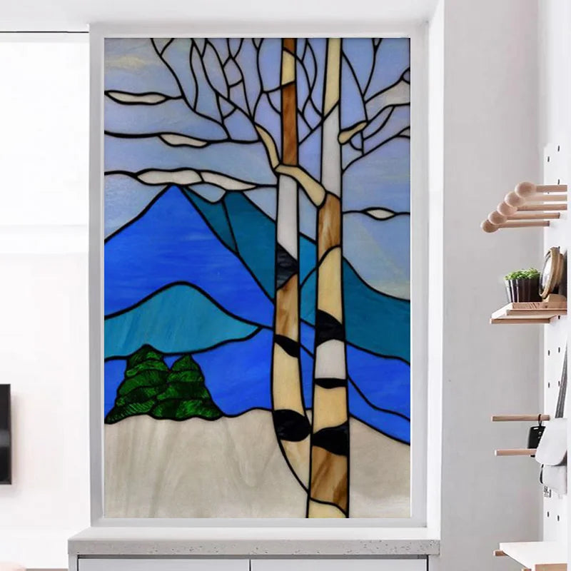 Custom Size Stained Glass Stickers,Static Cling,Frosted Privacy Print, Tree,Rivers for Window, Door, Home Decor