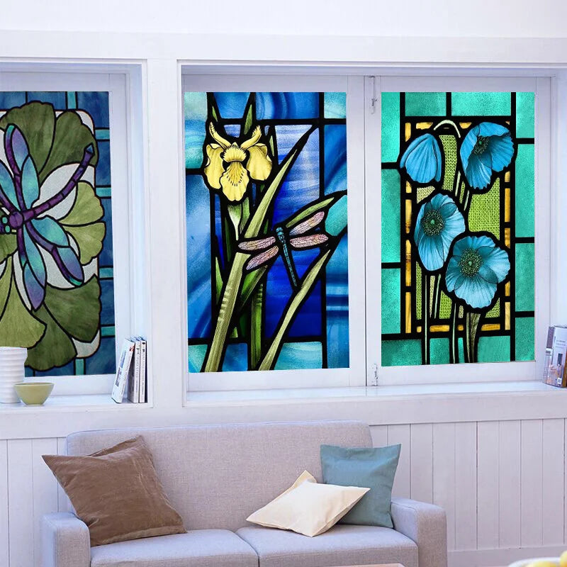 Custom size Glass Films,Stained Glass Stickers Static Cling,Frosted Privacy Print Dragonfly Butterfly for Window Door Home Decor
