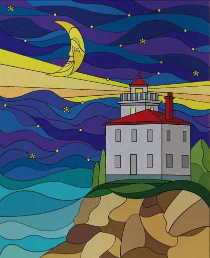 Custom size Stained Glass Films,Privacy Static Cling,Print Sea Red Lighthouse,Rising Sun, Night,Door Sticker,Office Home Decor