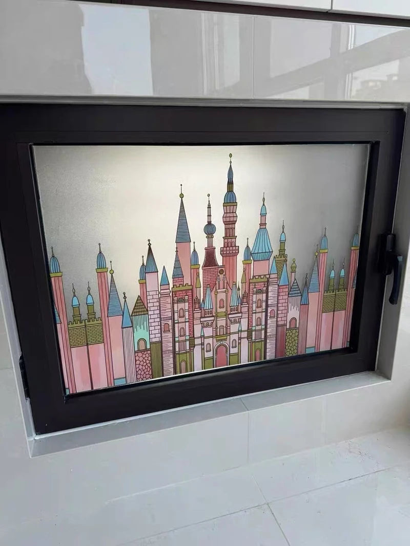 Custom Size Static Cling Window Film,Reusable Waterproof Privacy Protection Stained Glass Decal ,DIY Castle Design for Home