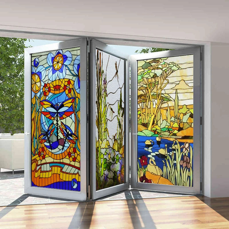 Custom size Glass Films,Stained Glass Stickers Static Cling,Frosted Privacy Print Dragonfly Butterfly for Window Door Home Decor