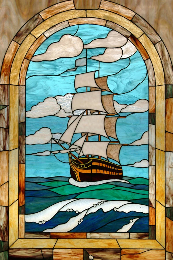 Custom size Stained Glass Films,Privacy Static Cling,Print Castle Lighthouse Sailboat Door Sticker,Office Home Decor