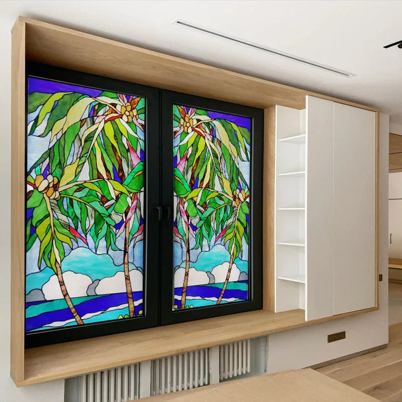 Custom Size Stained Glass Stickers,Static Cling,Frosted Privacy Print, Tree,Rivers for Window, Door, Home Decor