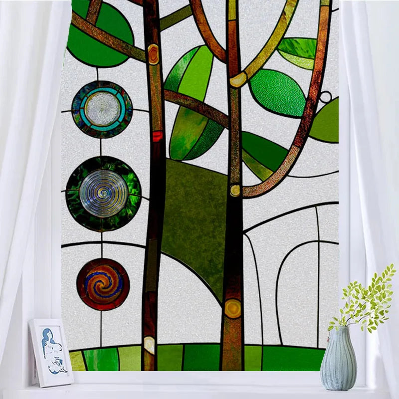 Stained Glass Vinyl Window Stickers Frosted Surface Bedroom Bathroom Decor Window Film Privacy Lucky tree Custom Size