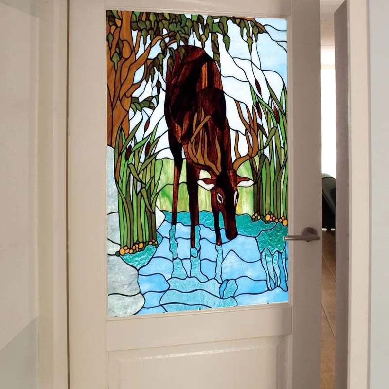 Stained Glass Window Film Frosted Glass Sticker Forest Customized Privacy Static Cling,Print Sticker,Bear,Office Home Decor