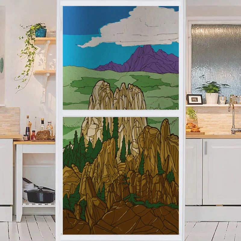 Stained Glass Window Film, Frosted Glass Sticker, Custom Size Castle Cartoon Pattern for Kids Room Door, Poster, Home Decor