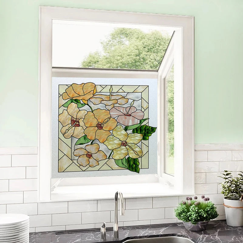 Window Film Frosted Stained Glass Films,Customized Art Deco Design Flowers Static Cling Sticker,Home Decor Foil Window Treatment