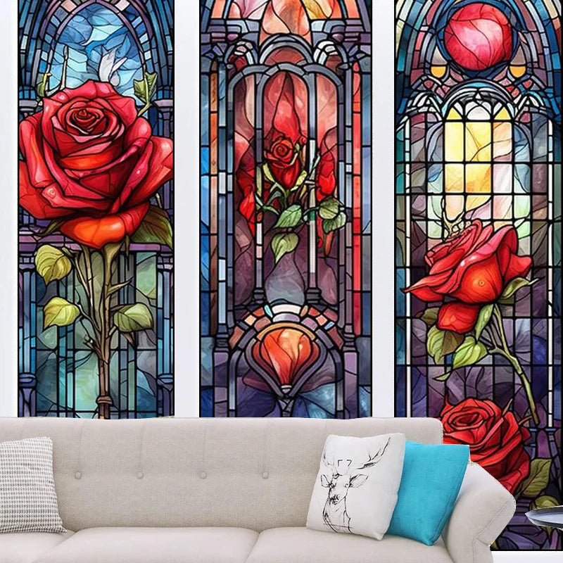 Privacy Windows Film Rose Stained Glass Window Door Stickers No Glue Static Cling Decorative Frosted Window Films Custom size