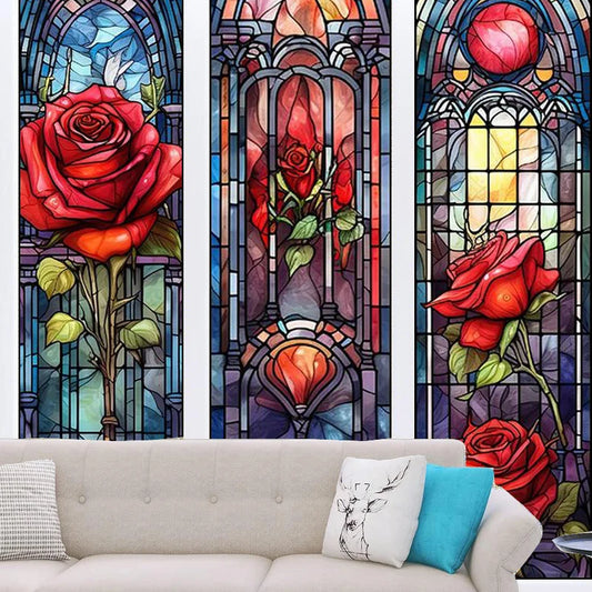 Privacy Windows Film Rose Stained Glass Window Door Stickers No Glue Static Cling Decorative Frosted Window Films Custom size