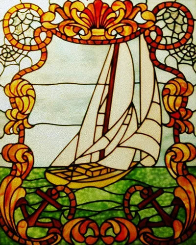 Frosted Stained Glass Window Film, Static Cling, Retro Door Sticker,Kitchen, Office, Home Decor, Customized,Sailboat
