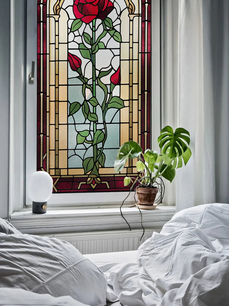 Rose Stained Glass Window Film, Frosted Window Film, ,Privacy,No Glue, Static Cling, Home Decorative