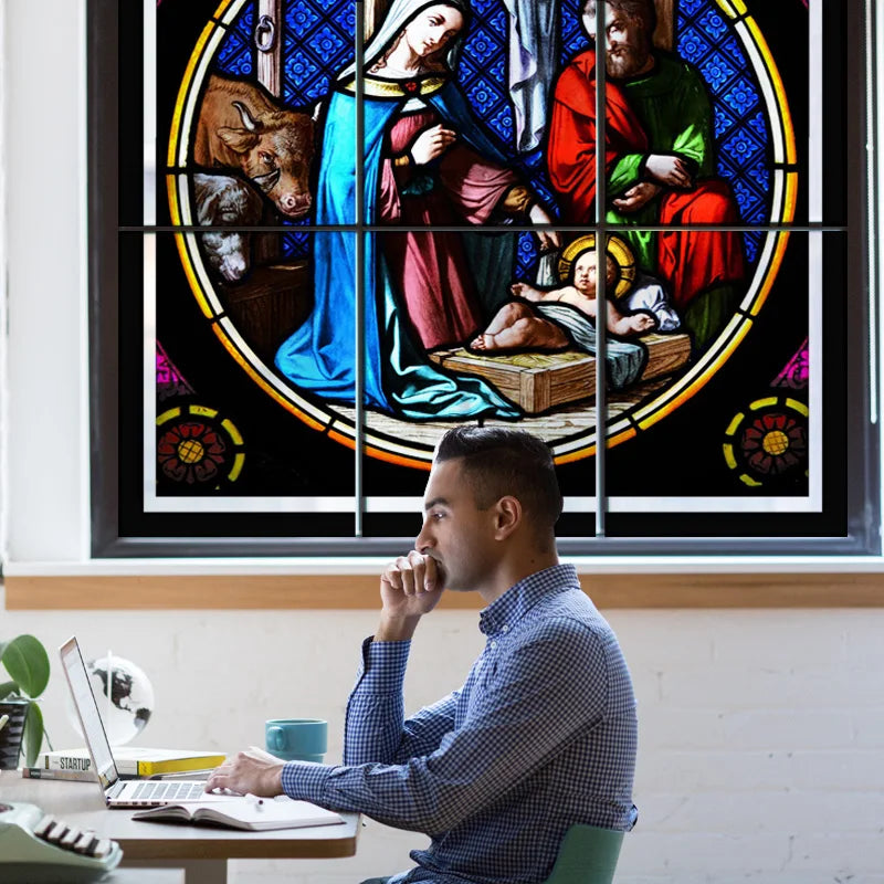 Custom Frosted Stained Glass Window Film, Static Cling ,Church Jesus Mary Angels Picture Stickers, Window Treatment, Home Decor