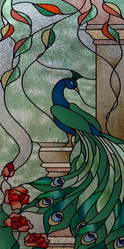 Custom Size 3D Matte Window Film, Stained Glass, Decorative UV Window Sticker, Privacy Frosted Static Cling, Home Decal,Peacock