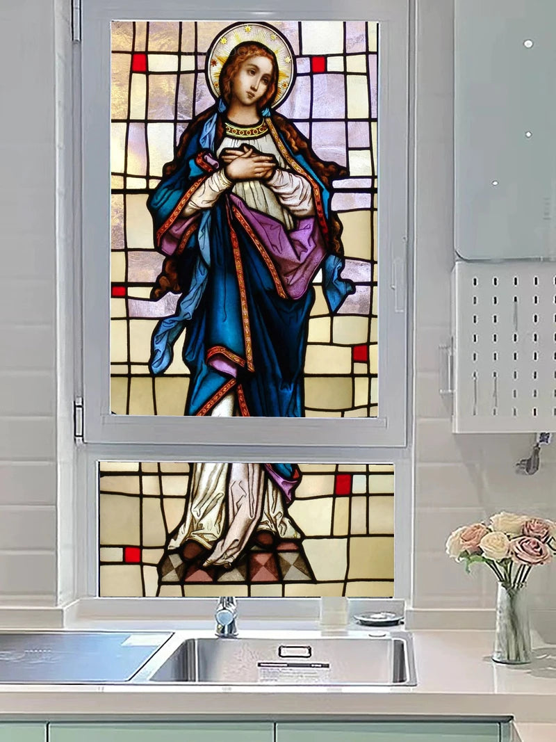 Stained Privacy Window Film Frosted Window Sticker Vinyl Glass Films For Home Office Church Madonna Mary Picture