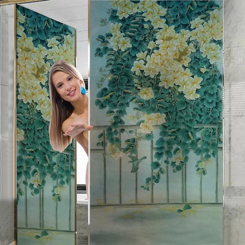 Stained Glass Films Static Cling Window Stickers Opaque Frosted Surface Bedroom Bathroom Decor Window Film Privacy Green Leaves