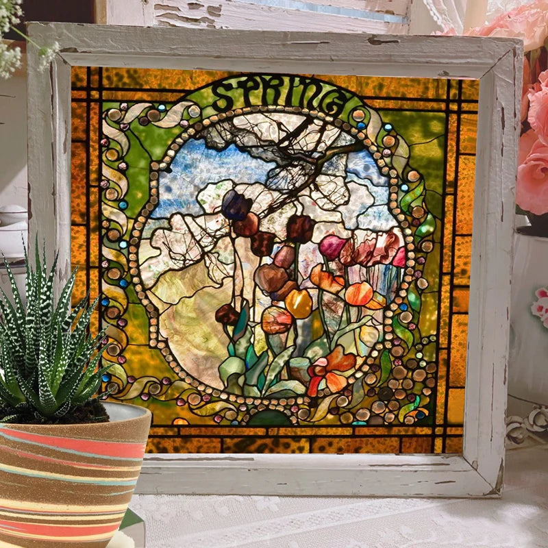 Window Film Stained Glass Films Frosted Privacy Static Cling ,Vintage 4 Seasons Spring, Summer,Autumn,Winter Pictuer for Home