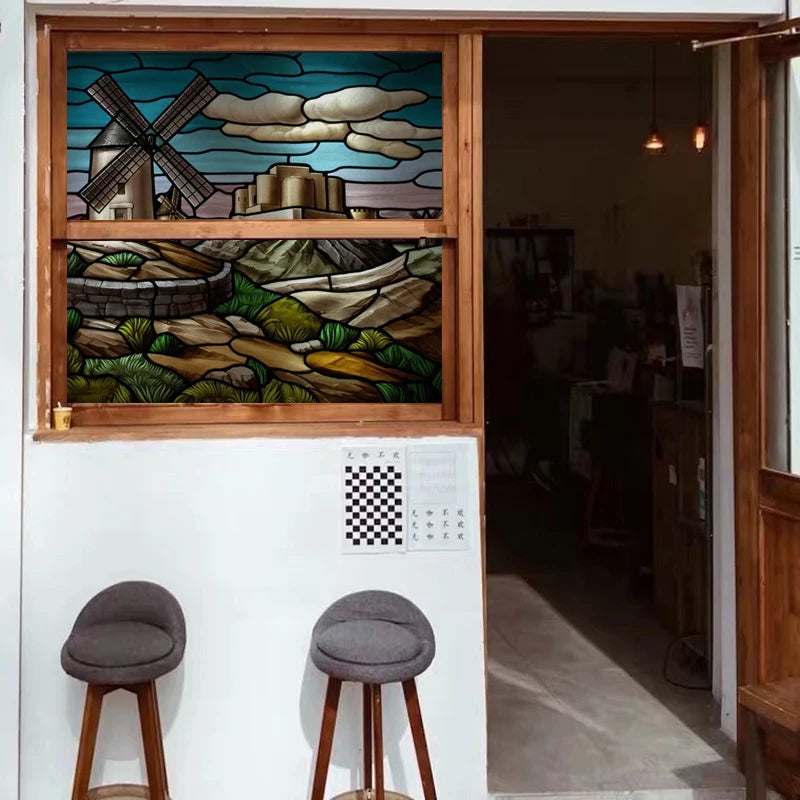 Custom Size Stained Glass Films,Privacy Static Cling,Print Castle, Sailboat, House Door Sticker,Office, Home Decor