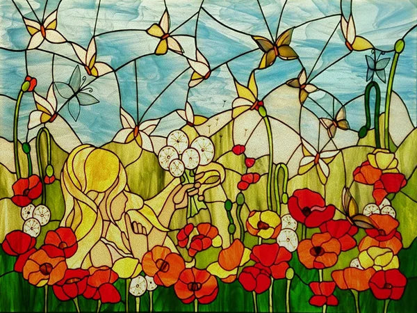 Landscape Painting Stained Glass Films, Transom Windows Film, Opaque Sticker, Self Adhesive, Static Cling, Custom Size