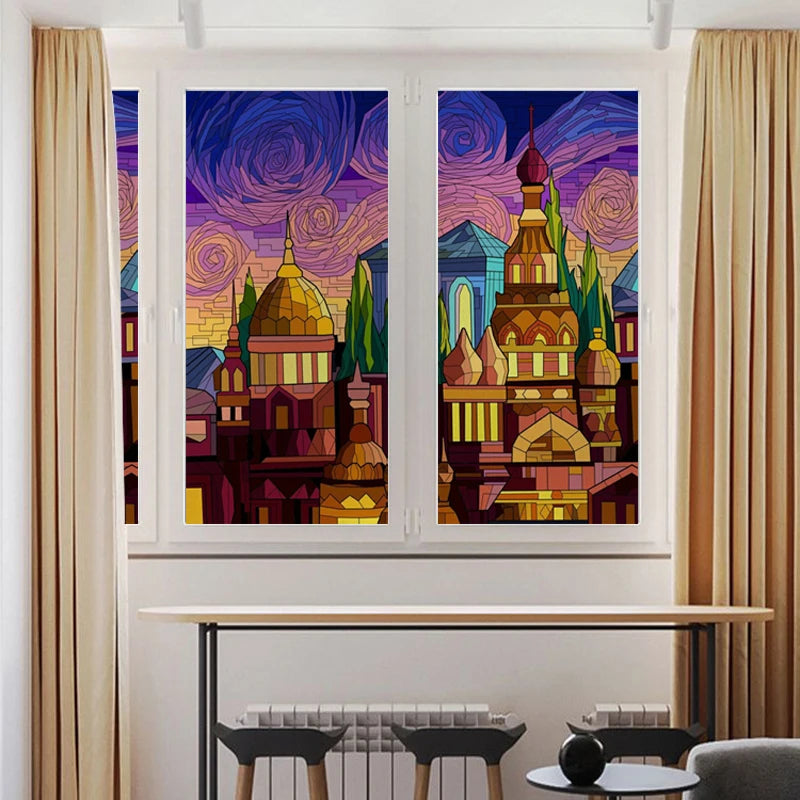 Custom Size Stained Glass Films,Privacy Static Cling,Print Castle, Sailboat, House Door Sticker,Office, Home Decor