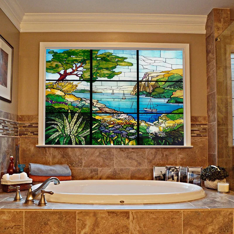 Window Film Stained Glass Stickers,Custom size Static Cling,Print Castle Church landscape Sailboat Sticker,Office Home Decor