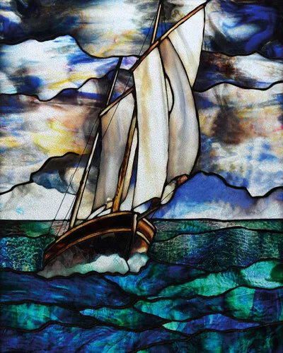 Frosted Stained Glass Window Film, Static Cling, Retro Door Sticker,Kitchen, Office, Home Decor, Customized,Sailboat