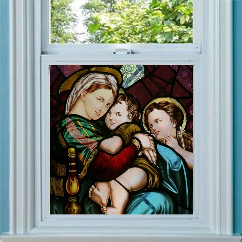 Custom Frosted Stained Glass Window Film,PVC Static Cling Films,Virgin Mary, Jesus Church Decor, Foil Stickers