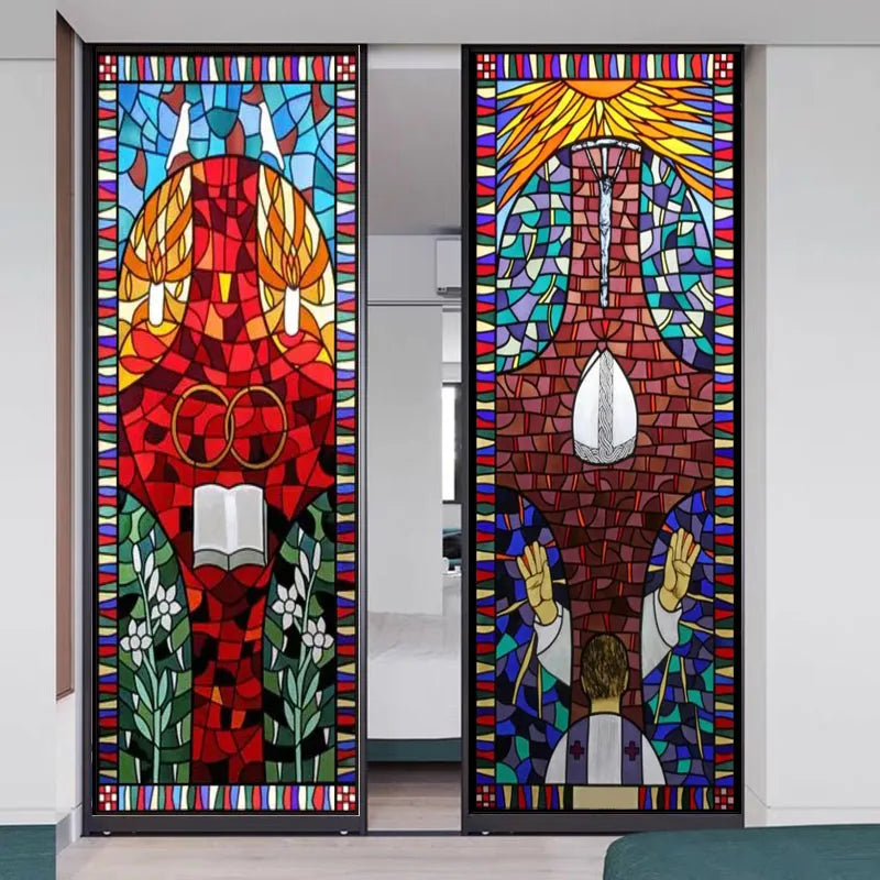 Custom Size Window Glass Films Satic Cling Classical Frosted Glass European Church Stained Glass Window Sticker Foil