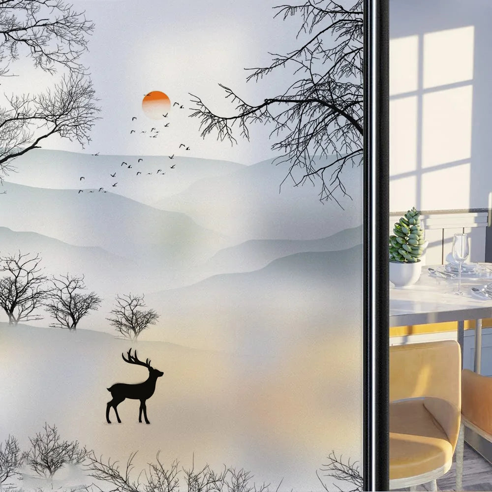 Custom Size Stained Glass Window Film,Frosted Privacy, Static Cling, Door Sticker,Bathroom, Home Decor, Tree, Mountain