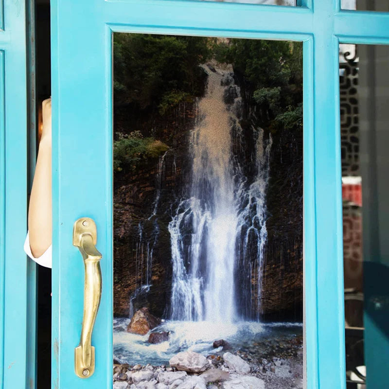 Frosted Stained Glass Window Film, Customized,Scenery,Tree,Waterfall,Static Cling Sticker,Home Decor