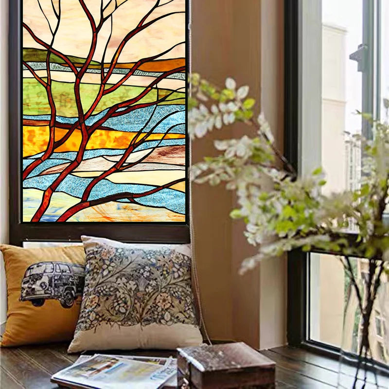 Frosted Stained Glass Window Film, Customized Tiffany Trees, Static Cling Sticker,Bathroom Door, Kitchen, Office, Home Decor