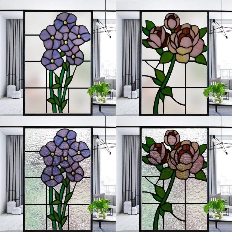 Custom Frosted Stained Glass Film with Floral Rose 3D Design, Static Cling Window Sticker, Removable Privacy Decoration for Home