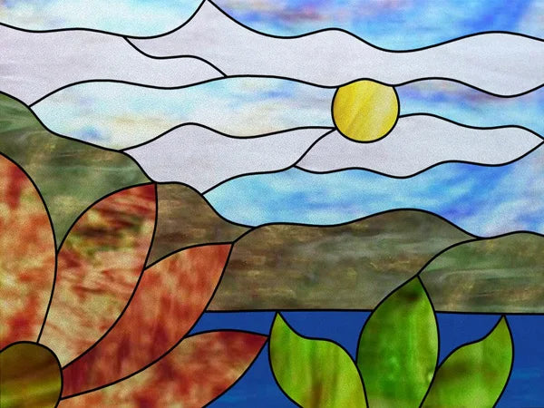 Landscape Painting Stained Glass Films, Transom Windows Film, Opaque Sticker, Self Adhesive, Static Cling, Custom Size
