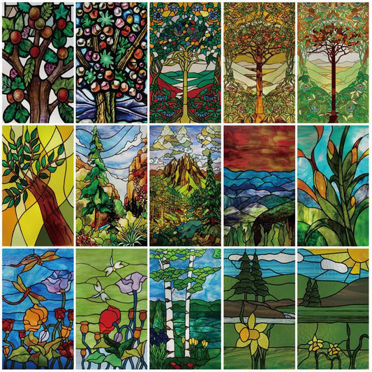 Custom Size Stained Glass Stickers,Static Cling,Frosted Privacy Print, Tree,Rivers for Window, Door, Home Decor
