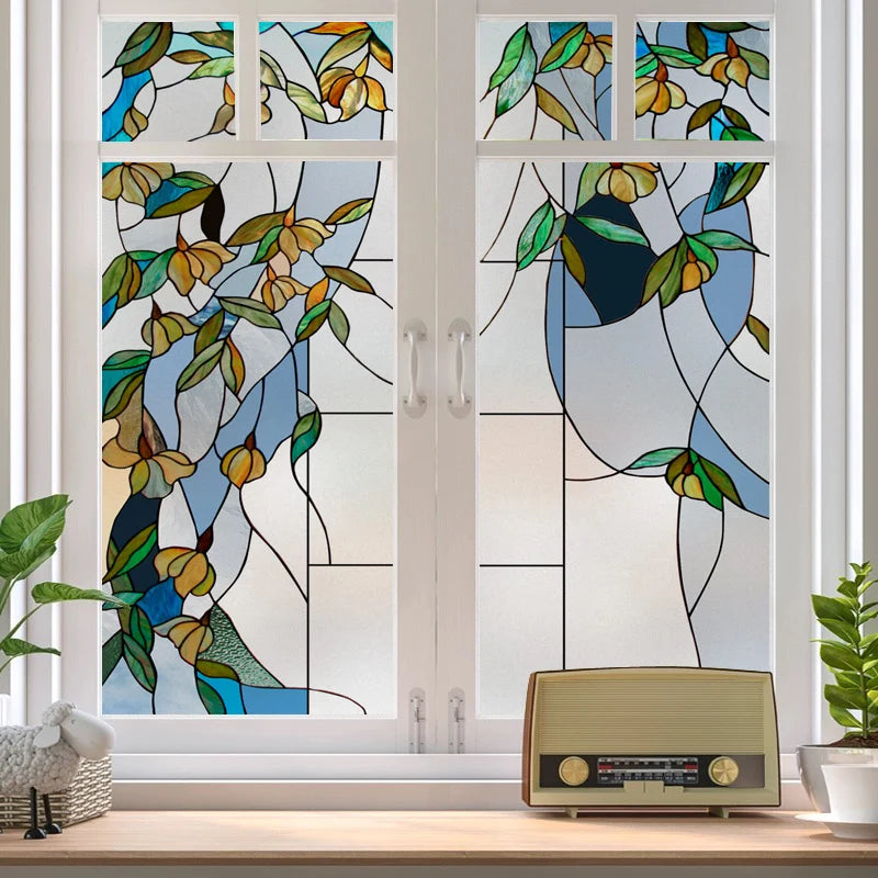 Stained Glass Vinyl Window Stickers Frosted Surface Bedroom Bathroom Decor Window Film Privacy Leaves  Flower Custom Size