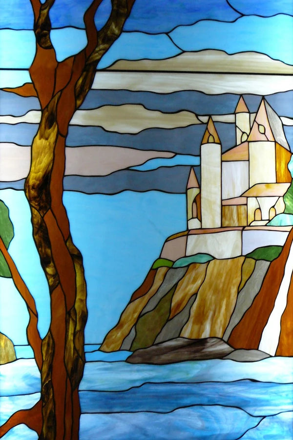 Custom size Stained Glass Films,Privacy Static Cling,Print Castle Lighthouse Sailboat Door Sticker,Office Home Decor