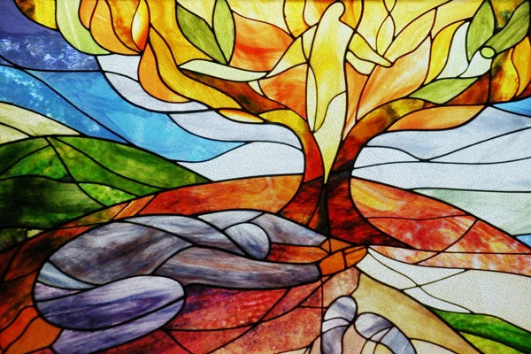 Window Film Stained Glass Stickers,Custom size Static Cling Frosted,Flower Bird Tree Print For Transom Window Glass Home Decor