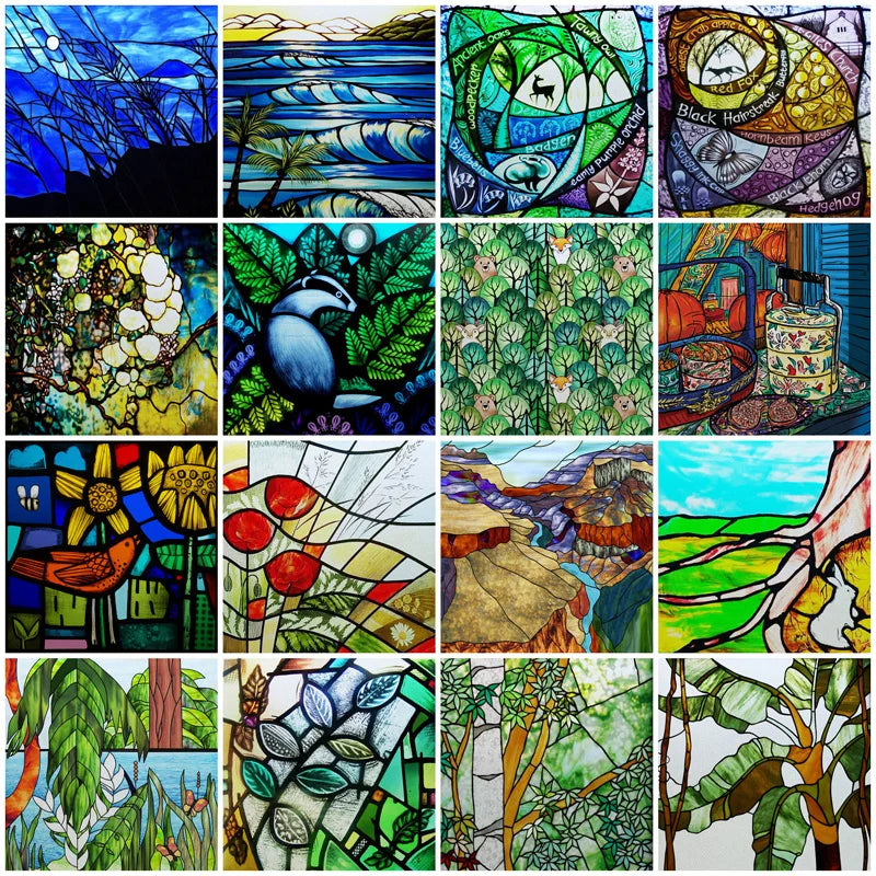 Custom size Glass Films Stained Glass Stickers Static Cling Frosted Privacy PVC Print Natural Village For Window Door Home Decor