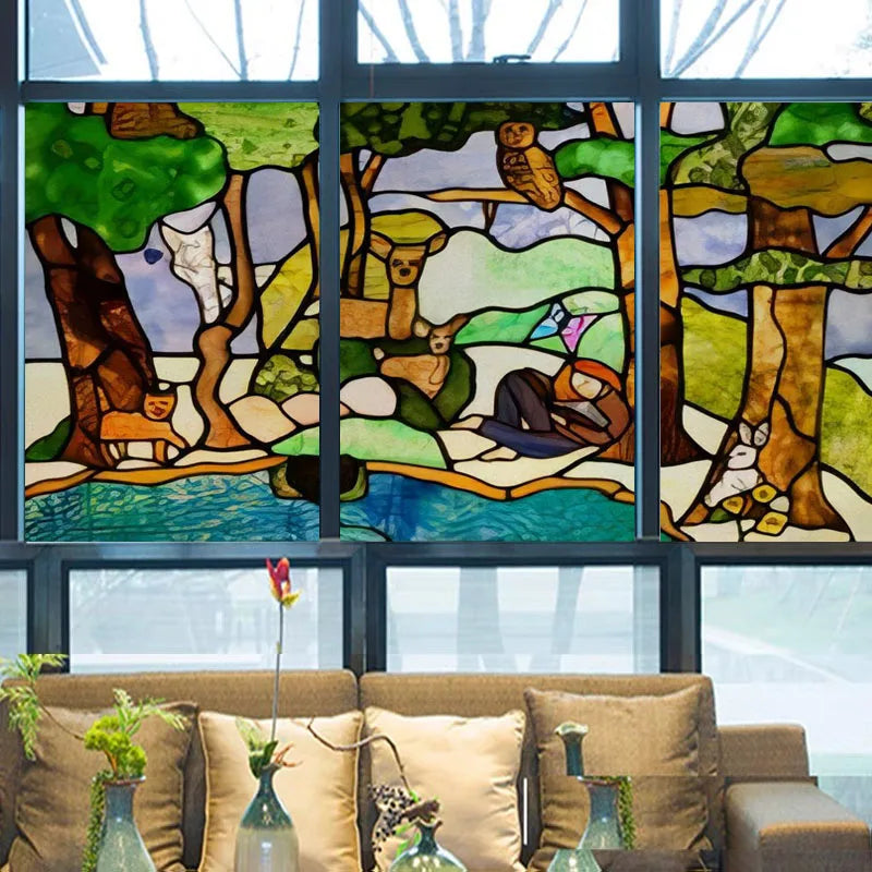 Landscape painting Stained Glass Films Transom/Windows Film Glass Sticker Static Cling Retro Vintage Style Custom Size