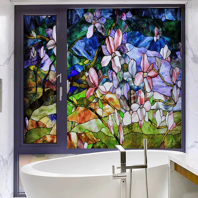 Stained Glass Window Film, Custom Size, Static Cling, Frosted,Flower, Bird, Tree Print for Transom, Glass, Home Decor