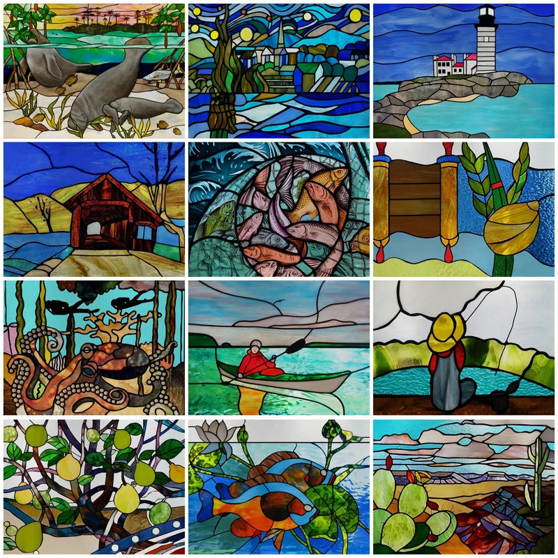 Landscape painting Stained Glass Films Transom/Windows Film Glass Sticker Static Cling Retro Vintage Style Custom Size