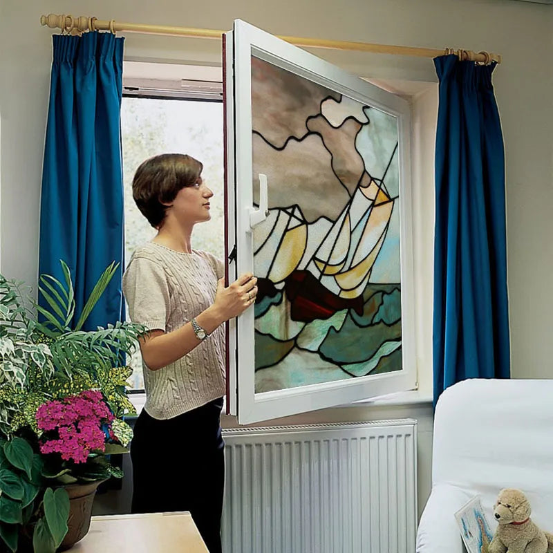 Frosted Stained Glass Window Film, Static Cling, Retro Door Sticker,Kitchen, Office, Home Decor, Customized,Sailboat