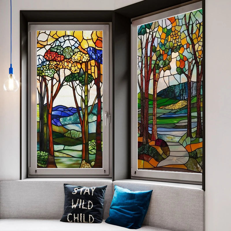 Customized Stained Glass Film Window Films,Static Cling Frosted Privacy Tiffany Style Tree,Bathroom Kitchen Door Sticker