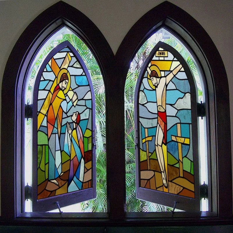 Window Film Frosted Stained Glass Films Customized, Frosted Stained Window Sticker Chuch Style Jesus/Christ Painting