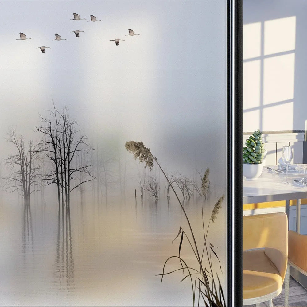 Custom Size Stained Glass Window Film,Frosted Privacy, Static Cling, Door Sticker,Bathroom, Home Decor, Tree, Mountain