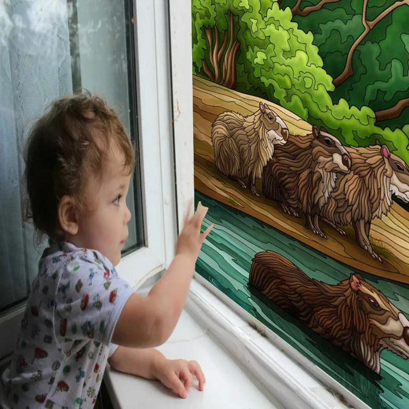 Custom Size Stained Glass Window Film Frosted Films, Animal Dog Cat Tiger Birds Static Cling,Window Covering for Home Office