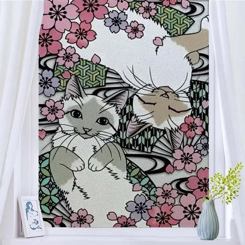 Customized Stained Glass Film Window Films Static Cling Frosted Sticker Japanese-Style Home Decor Cat  Cherry Blossom Poster