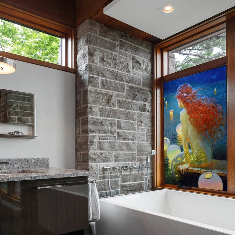 Custom Size Window Stained Glass Films,Mermaid with long hair Picture,Stickers For Bathroom Bedroom Door Office Home Decor