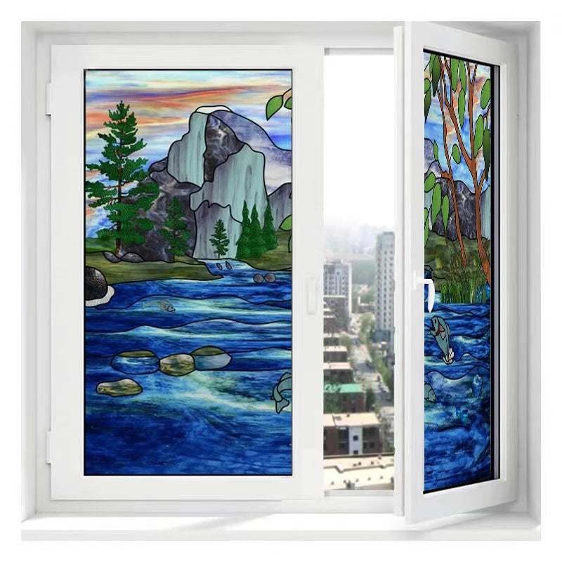 Custom size Glass Films,Stained Glass Stickers Static Cling,Frosted Privacy Print Tree,Rivers,Hill For Window Door Home Decor